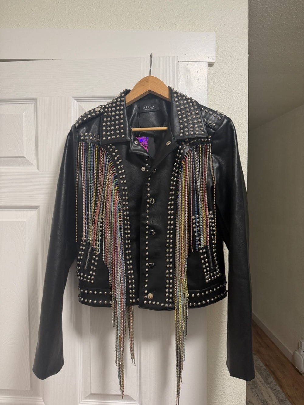 AKIRA Black Studded Leather Jacket with Multicolor Chain Fringe. New with tags.